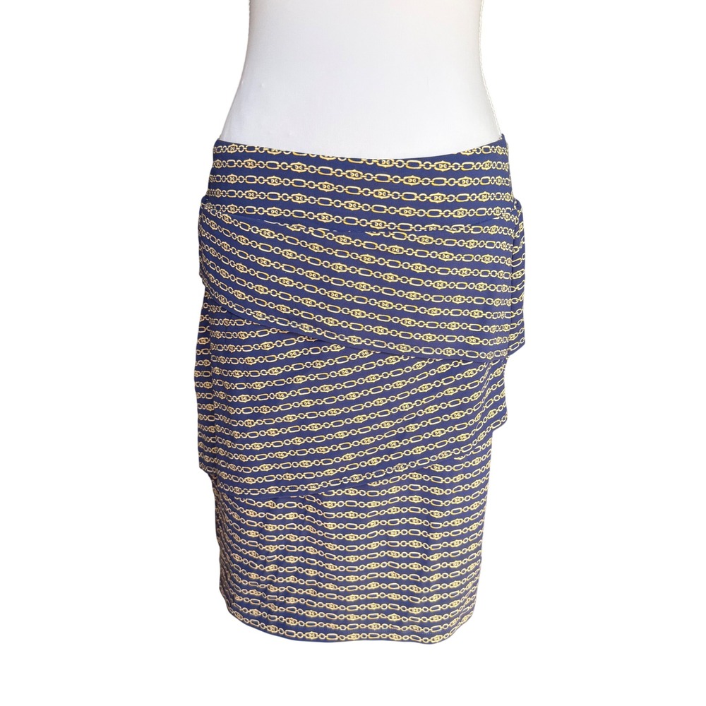 J.McLaughlin Catalina Cloth Navy Gold Chain Print Faux Wrap Knee-Length‎ Skirt S